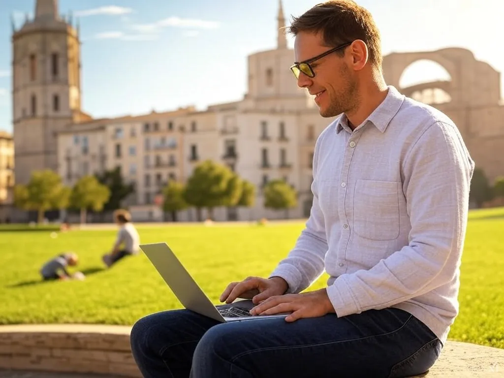 Profesional trabajando en un apartamento de media estancia con vistas a Valencia