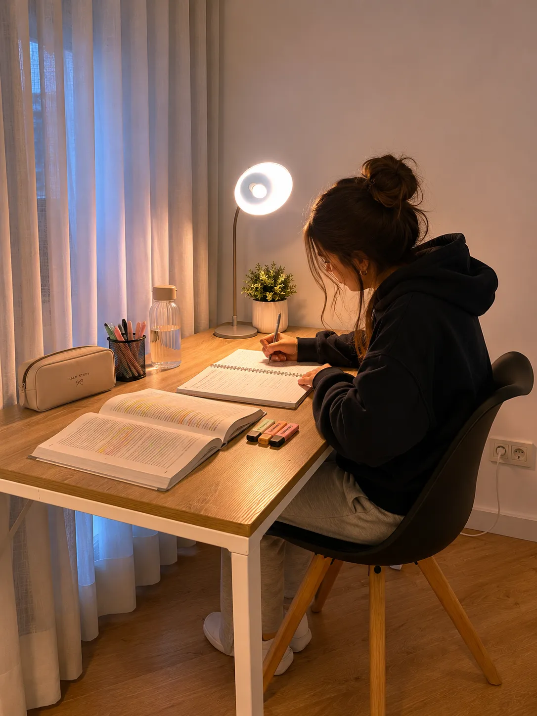 Postgraduate student studying at the desk of a bright, furnished apartment in central Valencia, with natural light.